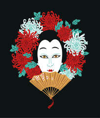 Naklejka premium A traditional image with a female Kabuki theater actress with a rice paper fan on a black background