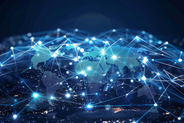 Fototapeta premium Interconnected Global Cloud Computing Network Bridging Digital Data Across Cities and Countries