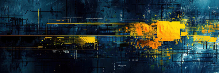 abstract glitchy digital geometric mathematic art , yellow and blue, black background with copy space