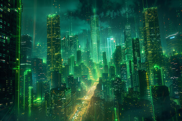 Cyberpunk Metropolis with Green and Blue Neon lights. Night scene with Advanced Architecture, 3D illustration