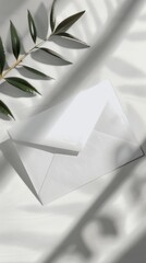 White envelope with a white paper inside sitting on a table.  Vertical background 