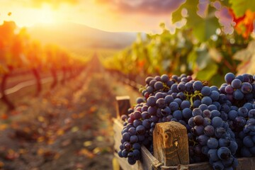 Grape harvest at sunset vineyard