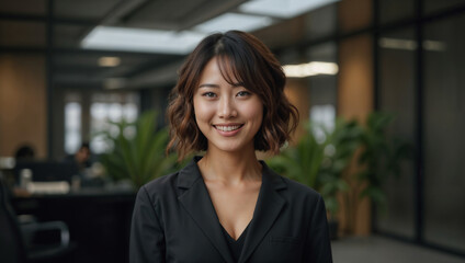 Fototapeta premium Bella donna di origini asiatiche con sorride in un moderno ufficio con abito elegante