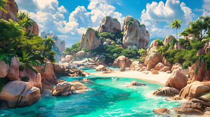 Exotic Tropical Beach with Crystal Blue Waters and Lush Palms, Seychelles Paradise Scenery - Powered by Adobe