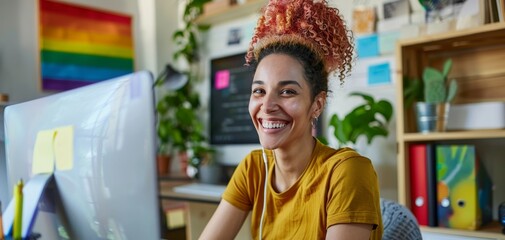 Smiling Woman with Red Hair Bun Working in Home Office.