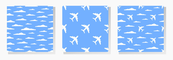 White clouds and airplanes on blue background. Vector seamless patterns collection.
