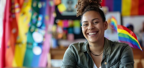 Obraz premium Smiling Woman in Creative Workspace with Pride Flags.