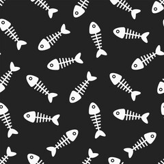 White fish bones on black background. Vector seamless pattern.