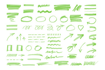 Green highlighter elements set, hand drawn marker stripe. Underline, colorful text mark. Markers brushes underline collection. Vector illustration isolated on white background