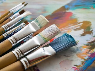 Obraz premium Generated image, Colorful paintbrushes, mixed media collage style, vivid colors, vintage, poster art, wet on water background, surreal, pop culture in the style of various artists.