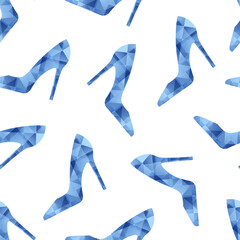 Blue crystal glass shoes on white background. Vector seamless pattern.