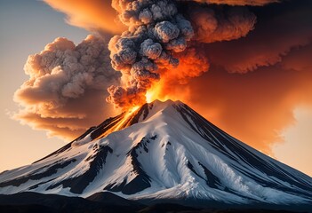 spectacular snow-capped volcano erupting into the setting sun