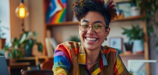 Obraz premium Smiling Woman with Colorful Jacket in Home Office.