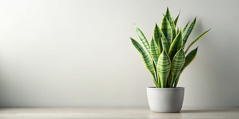 Elegant Sansevieria Plant on Minimalist White Background with Soft Natural Lighting, Perfect for Text Overlay - Digital Art Illustration