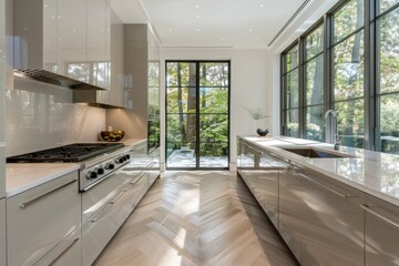 interior of modern kitchen with beige walls, tiled floor countertops and built in