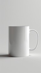 Obraz premium White coffee mug with a red handle on a table. Mockup background . Vertical background 