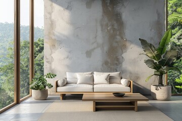 Interior of modern living room with concrete walls, concrete floor, panoramic window and comfortable sofa