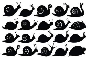 Set of hand drawn snail black Silhouette Design with white Background and Vector Illustration