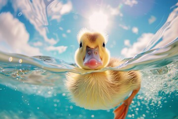 duckling swims in clear water