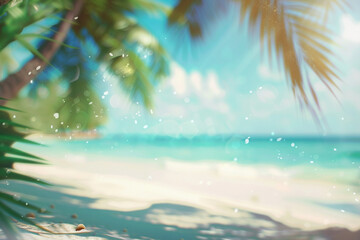 Tropical beach with trees,sand,waves,nature and blur background generated by AI