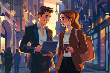 Stylish couple chatting on a vibrant city street at dusk, with coffee and digital tablet