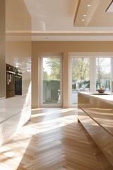 Fototapeta premium interior of modern kitchen with beige walls, tiled floor countertops and built in