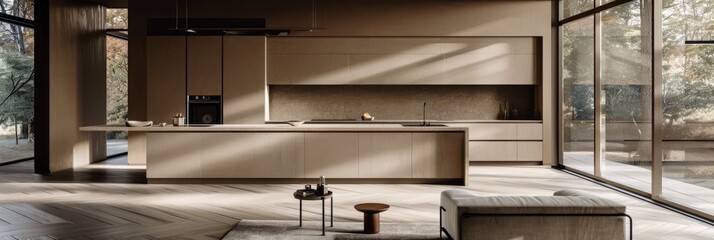 interior of modern kitchen with beige walls, tiled floor countertops and built in