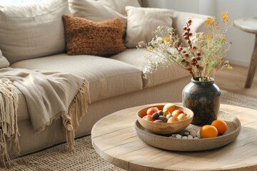 modern living room interior with a wooden coffee table and beige sofa