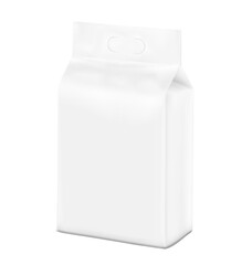 Realistic stand bag with hole handle mockup. Half side view. Vector illustration isolated on white background. Ready for your design. Suite for the presentation of diaper, wet wipes. EPS10.