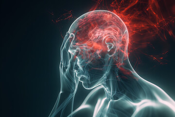 A man holding his head in pain against a glowing translucent background, highlighting the center of headache in red.