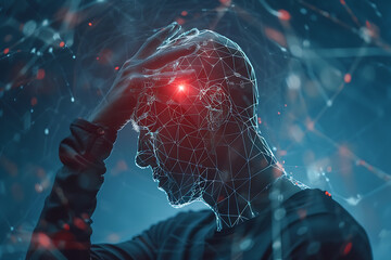 A man holding his head in pain against a glowing translucent background, highlighting the center of headache in red.