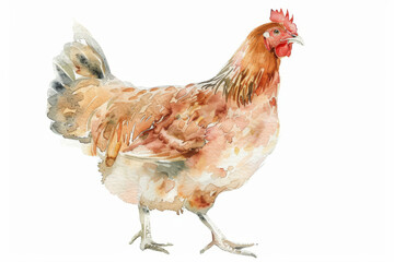 Artistic watercolor painting of a brown hen poised elegantly, perfect for poultry or farming-themed packaging and design