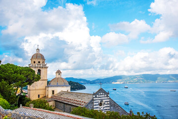 Charming, beautiful view overlooking the sea and gothic Church of St. Peter in Porto Venere, Liguria, Italy. Exotic amazing places. Popular tourist atraction.