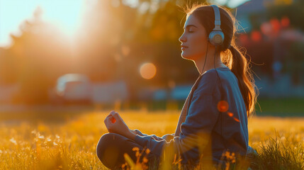 A woman meditates in the morning with headphones on in nature sitting on the grass