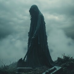 The silhouette of an angel carrying a scythe looks horror over an open and foggy grave, with dark clouds in the background. A broad black angel that takes lives
