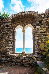 A magical landscape with the ancient ruins of the castle in Porto Venere, Liguria, Italy. Exotic amazing places. Popular tourist atraction.