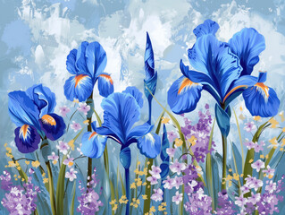 Celebrate Women's Day with beautiful floral art designs of iris blossoms and summer flowers. Send congratulations with a stunning backdrop of blue flowers, highlighting the beauty of nature.