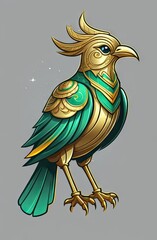 Majestic illustration showcasing green fantasy bird with shimmering gold wings and beak on muted grey backdrop.