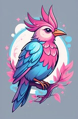 Obraz premium Striking illustration of fantasy blue pink bird against plain grey backdrop.