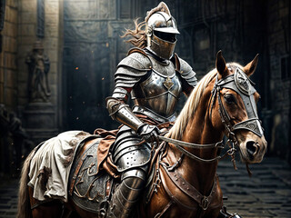 Fototapeta premium A Painting of a Chariot of Steel: Knight Charges with Unflinching Resolve
