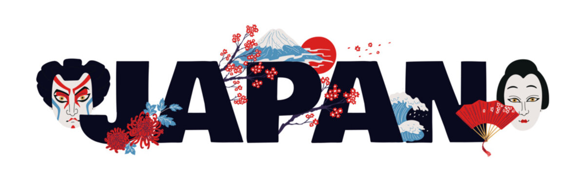 Decorative vector editable text design about Japan with Kabuki Theater on a white background