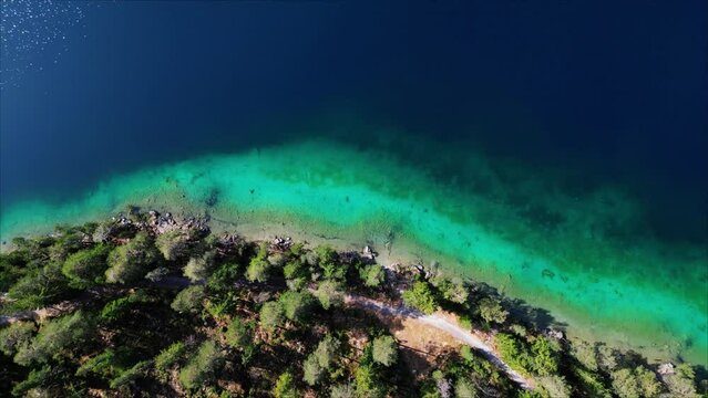 Aerial Top Down Drone Footage 4k of Blindsee Lake in Germany Austria Tirol Turquoise Green Water with forest around the lake. High quality 4k footage
