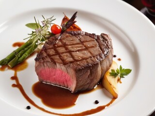 Indulge in the perfection of a gourmet beef steak embellished with exquisite garnish, presented in a sophisticated fine dining environment.