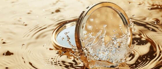Compact mirrors flying cosmetic explosion with water splash