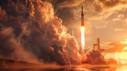 A powerful rocket launch at sunset, with its fiery engines lighting up the dramatic cloudscape, marking a bold venture into space.