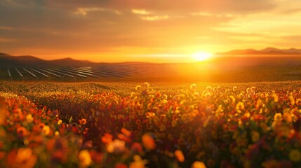 A stunning sunset view over vibrant flower fields, with solar panels lined up against the backdrop of distant mountains, illustrating sustainable energy coexisting with natural beauty.