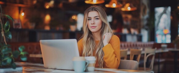 Fototapeta premium a beautiful female sitting near a table in a coffee shop while doing ecommerce on a computer during free time. generative AI