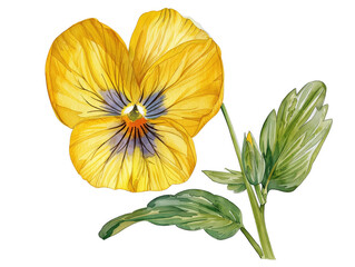 Hand-drawn botanical watercolor of a yellow garden pansy flower, also known as viola tricolor, on a white background. Also called heartsease, violet, or kiss-me-quick.