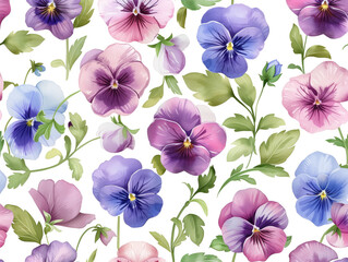 Gorgeous watercolor design with summer flowers - pink, purple, and blue pansies on a white background, all beautifully illustrated.