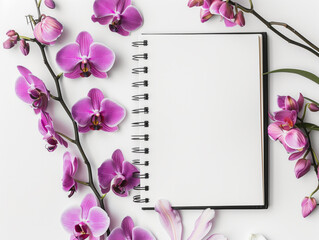 A beautiful orchid is showcased in a photo frame and notebook, creating a striking display against a white backdrop. The top-down photo is taken in a work space, highlighting the elegant composition.